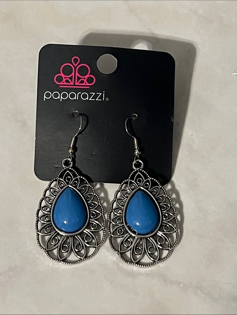 Paparazzi Silver Filigree Earrings with Bright Blue Teardrops